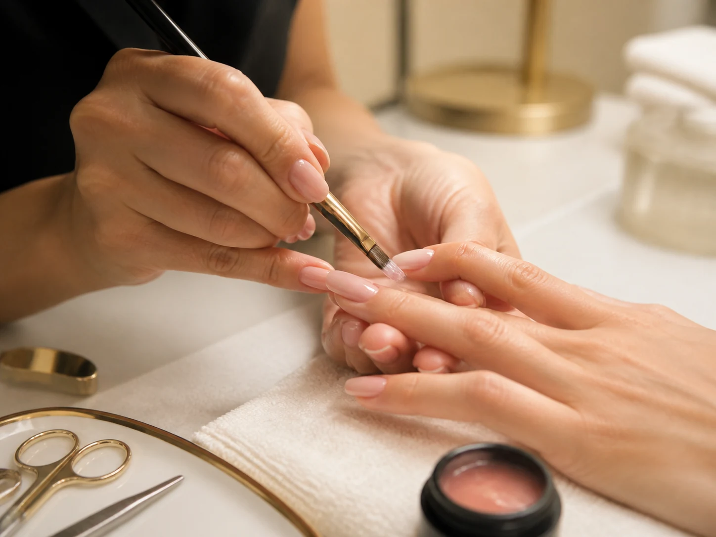 Careful nude gel manicure application at a clean salon station